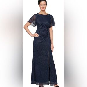 SLNY Glitter Mesh Sheath Gown with Beaded Shoulder in Navy Blue Prom
